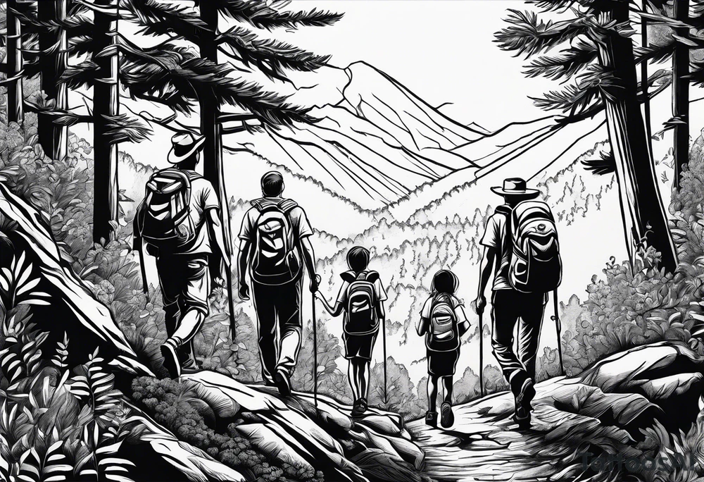 A man  with his family hiking through the Forrest. Add Mexican frame tattoo idea