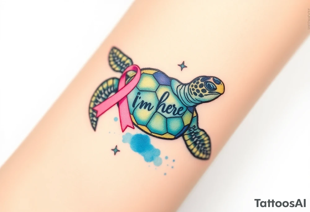 I am here pink ribbon hawaiian sea turtle theme tattoo idea