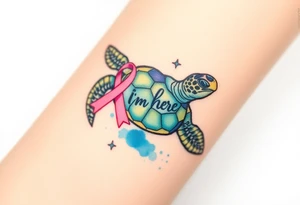 I am here pink ribbon hawaiian sea turtle theme tattoo idea