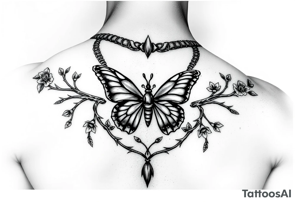 Gargona with a butterfly necklace and branches with thorns and flowers on the sides tattoo idea