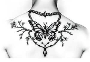 Gargona with a butterfly necklace and branches with thorns and flowers on the sides tattoo idea