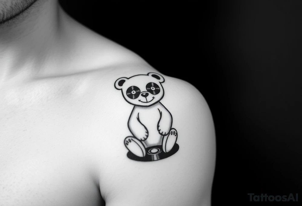 minimalist teddy bear with vinyl records as eyes smiling and sitting on a record yer tattoo idea