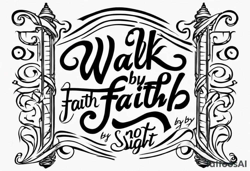 “walk by faith, not by sight” with an elegant script font. Integrate a subtle stairwell wrapping around the quote. This design captures the essence of the journey guided by faith. tattoo idea