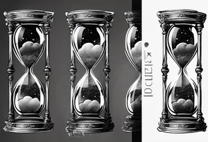Hour glass with cosmic dust exploding from each side. Long tattoo to fit on the forearm tattoo idea