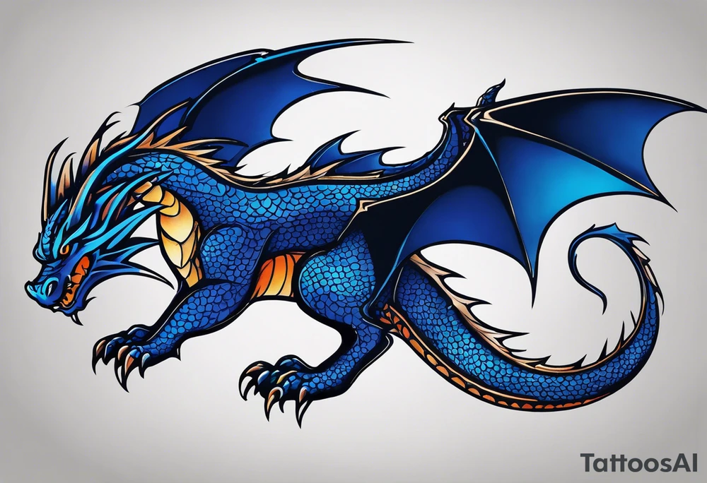 An epic floating dragon. Its long body coiling dynamically, with scales and horns detailed to create a sense of movement and strength. The dragon's main color is midnight blue, giving a vibrant depth and a mystical aura. This tattoo highlights the dragon’s fierce expression and sharp claws. tattoo idea