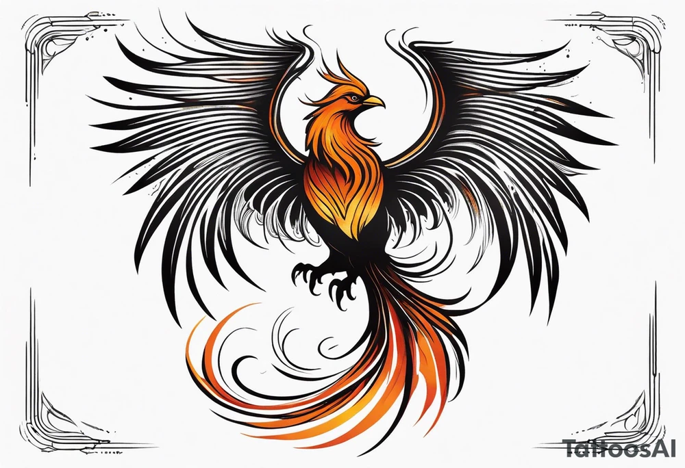 Minimalist Tattoo: A powerful, majestic phoenix, depicted mid-flight or rising, with wings extended and feathers flowing. Deep shading and intricate details to bring out the texture and motion of the feathers. Style: Minimalist. tattoo idea