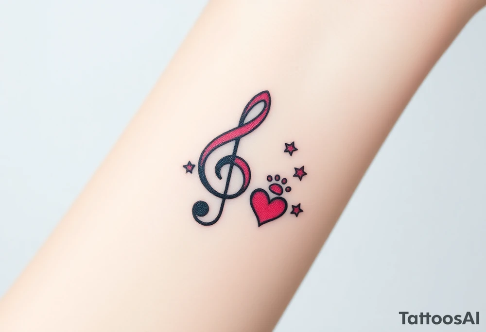 A swirl containing the Treble clef, book, dog paw, star, heart tattoo idea