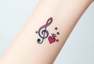 A swirl containing the Treble clef, book, dog paw, star, heart tattoo idea