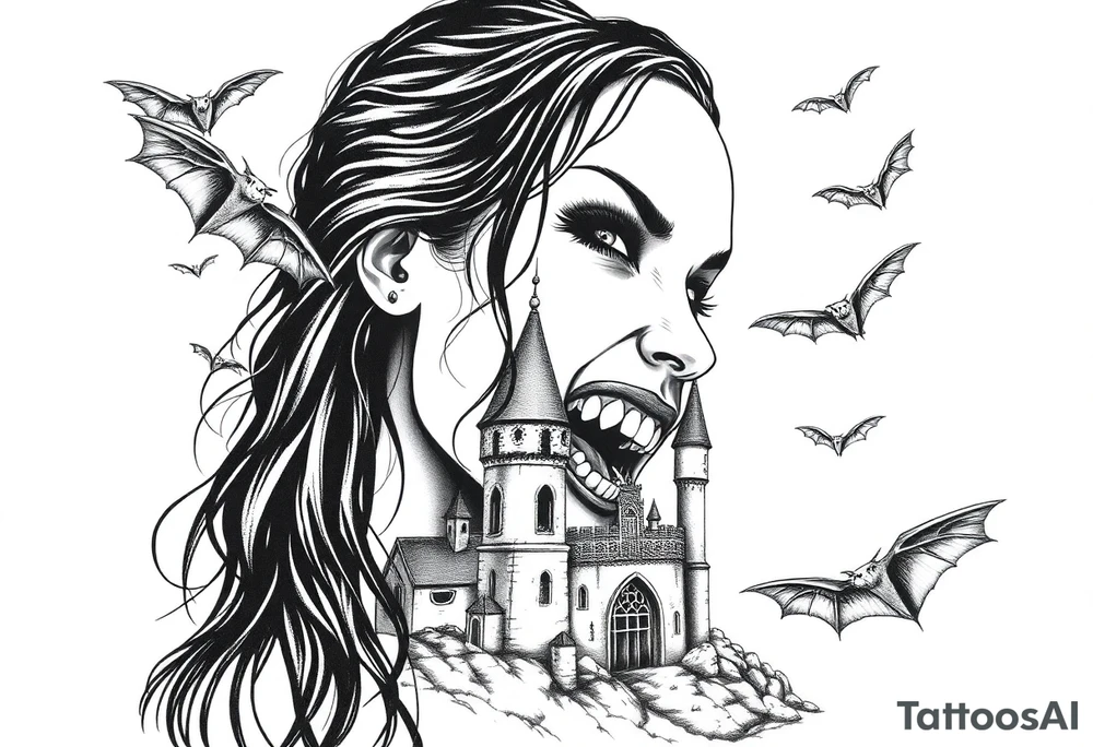 female vampire,bats,old castle,teeth. tattoo idea
