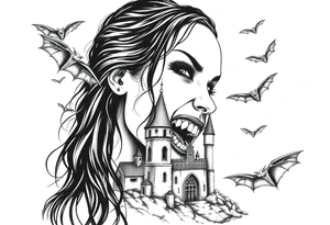 female vampire,bats,old castle,teeth. tattoo idea