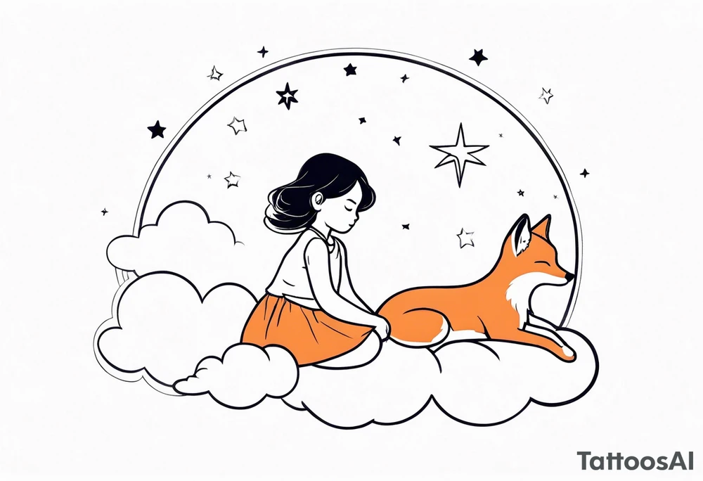 little girl with a fox sit side by side on a cloud and look at the stars tattoo idea