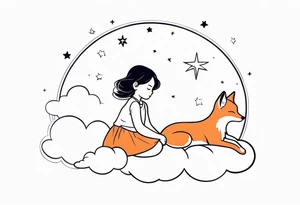 little girl with a fox sit side by side on  a cloud and look at the stars tattoo idea