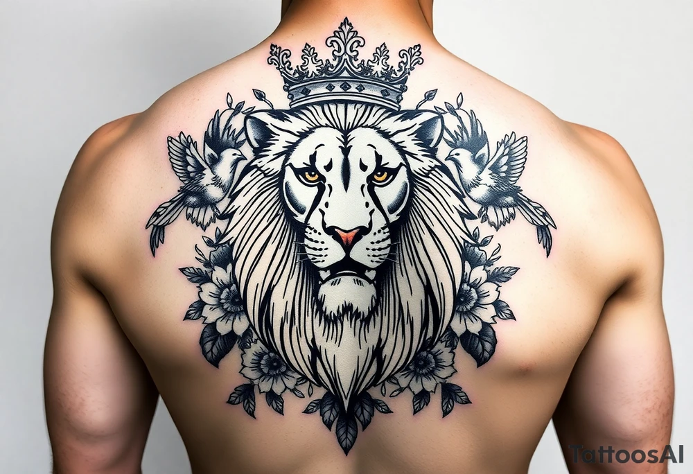 powerful majestic lion with a crown, surrounded by floral ornaments and birds tattoo idea