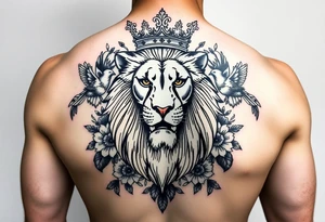 powerful majestic lion with a crown, surrounded by floral ornaments and birds tattoo idea