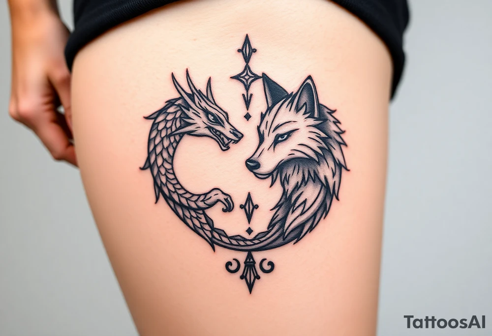 Ying yang symbol with one side a dragon and one side a wolf tattoo idea