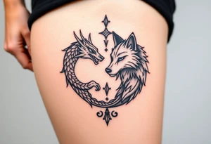 Ying yang symbol with one side a dragon and one side a wolf tattoo idea