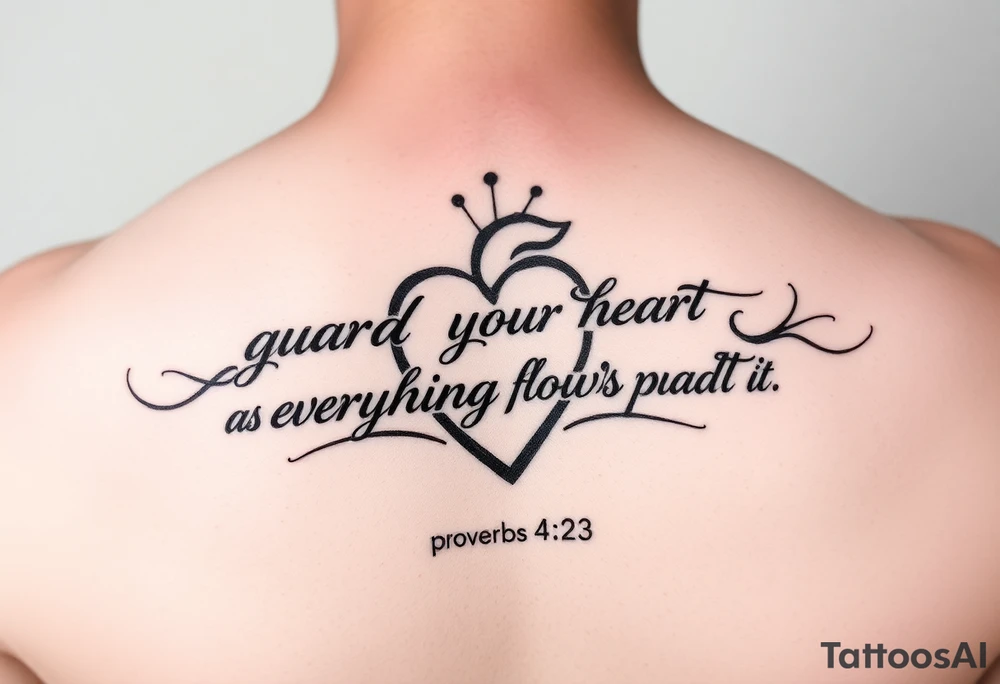 I want a tattoo with the Bible verse proverbs 4:23. The verse says “guard your heart as everything flows through it. Give me a smaller tattoo and somewhere on my arm tattoo idea