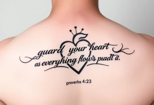 I want a tattoo with the Bible verse proverbs 4:23. The verse says “guard your heart as everything flows through it. Give me a smaller tattoo and somewhere on my arm tattoo idea