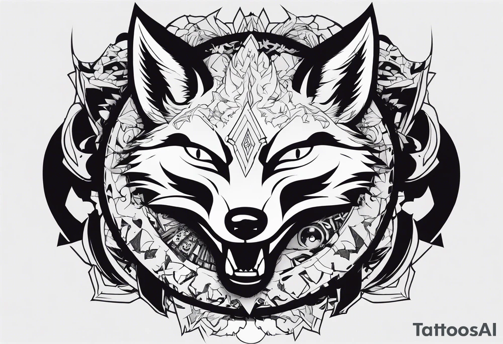 A tattoo designed for the knee, featuring the face of the fox Kon (chainsaw man series) with wild, exaggerated features, such as sharp fangs, intense eyes, and a snarling expression. The design incorporates large areas of white space for contrast, with beams of light or energy radiating outward from the beast’s eyes in a chaotic and powerful pattern. The overall look should be bold and primal, with flowing lines that adapt naturally to the curvature of the knee. tattoo idea