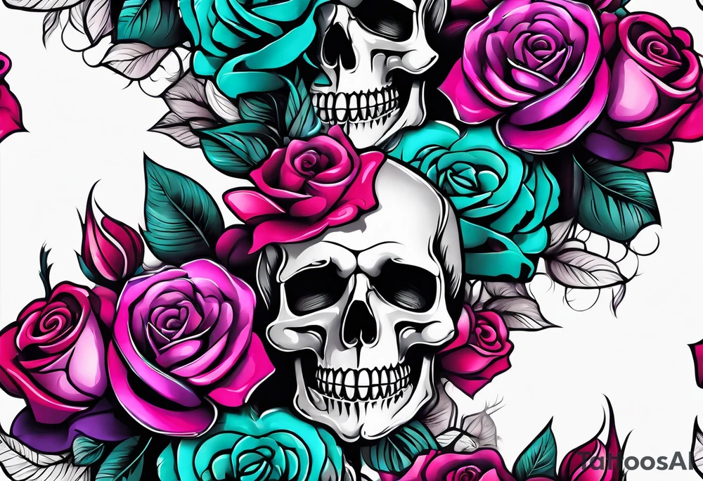 roses, skulls, teal, pink, purple tattoo idea