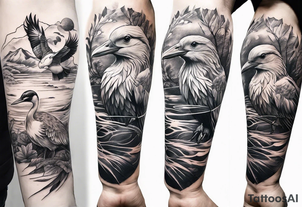 Nature  sleeve animals water bird tattoo idea