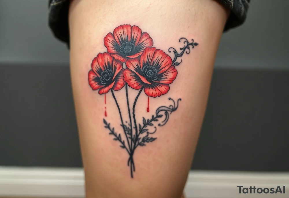 Big army inspired loss of friends 2 red poppy’s, and smoke tattoo idea