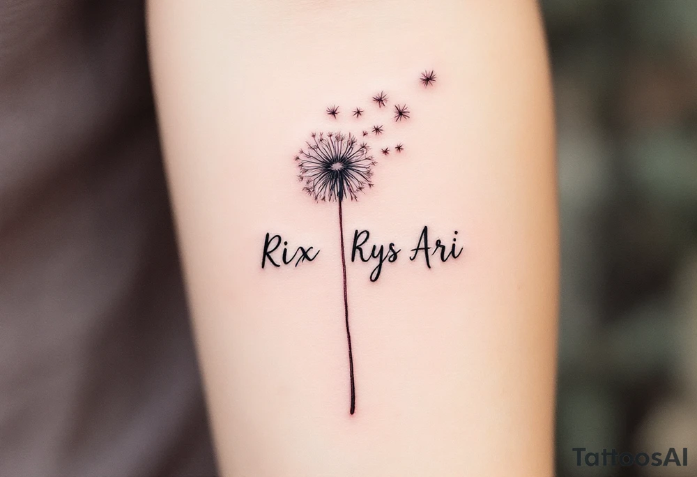 Rix Rys Ari realistic watercolor This image features a delicate dandelion tattoo on a person’s skin, with fine lines and soft shading. The dandelion’s stem extends from the bottom left corner, leading to the detailed flower head, which appears to be dispersing its seeds. The seeds are shown floating away in a natural, wind-swept motion, symbolizing freedom, change, and new beginnings.

The tattoo has a subtle watercolor effect with a gentle pinkish hue around the base of the dandelion, adding depth and softness to the design. The fine-line work gives it a refined and elegant look. tattoo idea