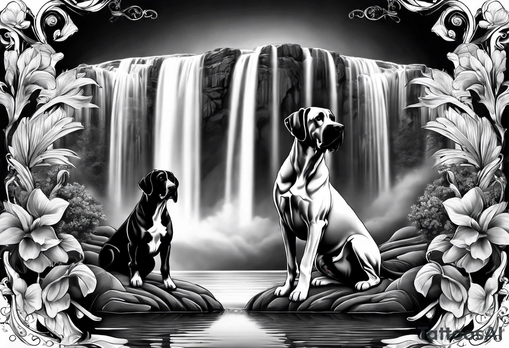 Arm sleeve- with four Great Danes in front of waterfall tattoo idea