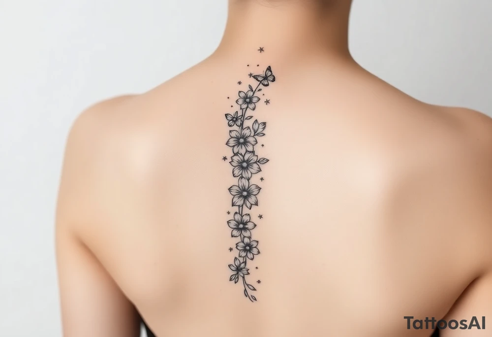 Flowers vertically down the spine surrounded by small butterflies and sparkles

Less flowers tattoo idea