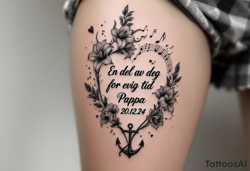 «En del av deg for evig tid
Pappa 20.12.24» Surrounded by long gladiolus, hearts, notes and an anchor tattoo idea