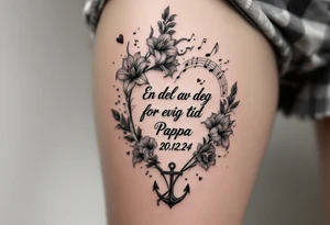 «En del av deg for evig tid
Pappa 20.12.24» Surrounded by long gladiolus, hearts, notes and an anchor tattoo idea