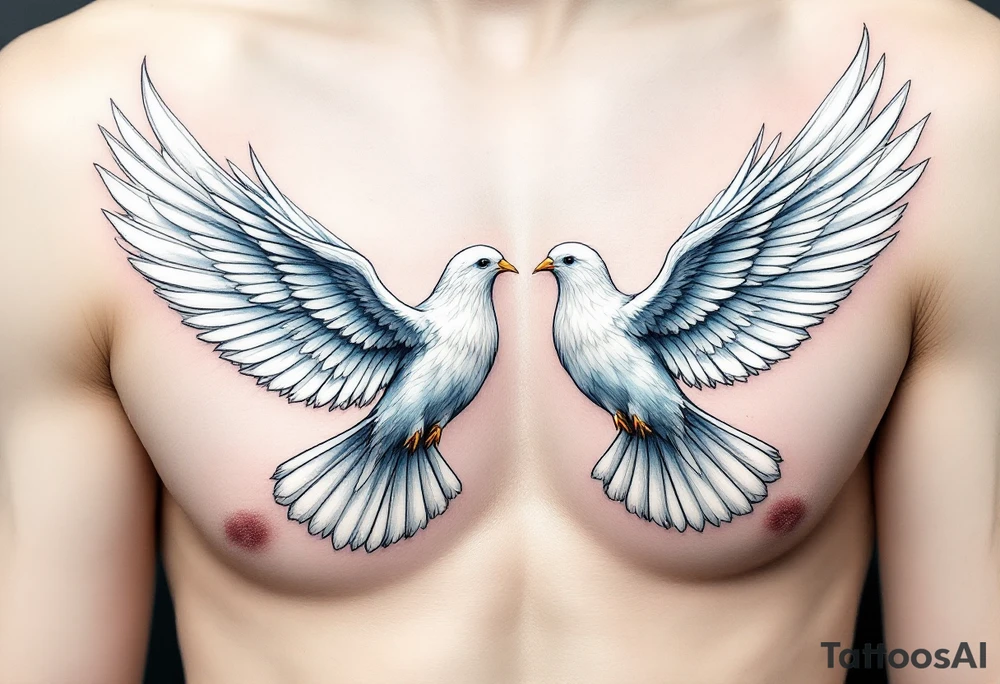 A pair of 3D doves with outstretched wings, their feathers detailed in soft whites and subtle blues, symbolizing peace and unity. tattoo idea