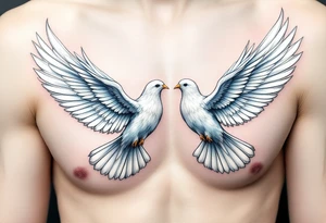 A pair of 3D doves with outstretched wings, their feathers detailed in soft whites and subtle blues, symbolizing peace and unity. tattoo idea