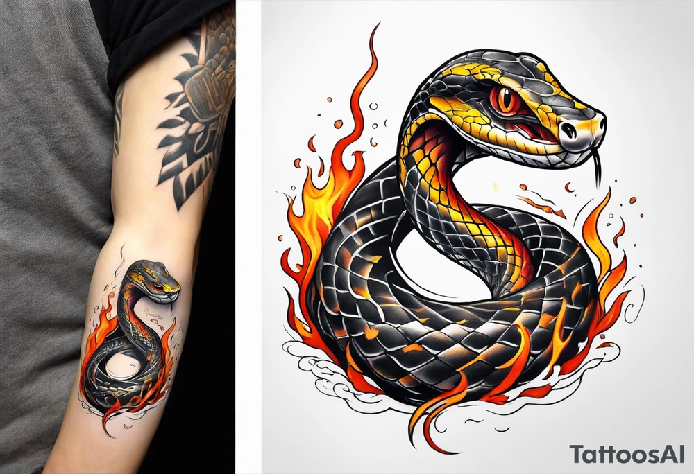 A snake winding it’s way down an arm, the background consumed by flames tattoo idea