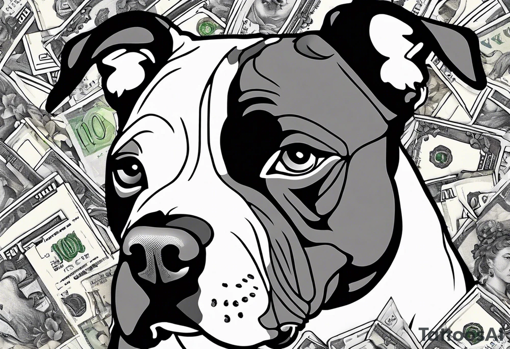 american staffordshire with tulips with a butterfly, with pills, drugs, euro bank notes and currency, vbank cheques, police, walkietalkies tattoo idea