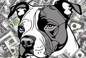 american staffordshire with tulips with a butterfly, with pills, drugs, euro bank notes and currency, vbank cheques, police, walkietalkies tattoo idea