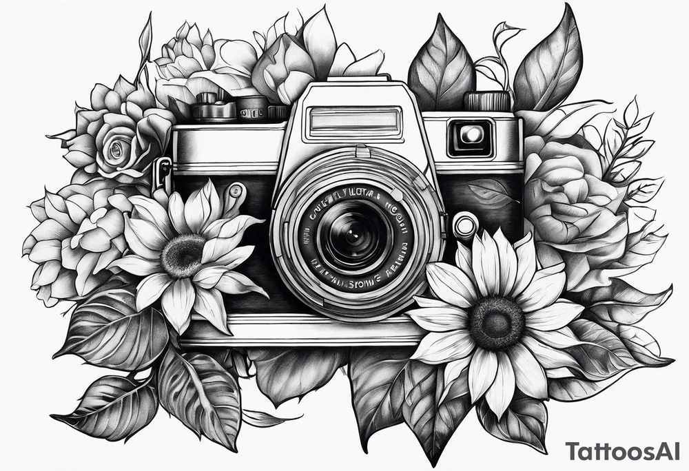sunflower, camera, fish, flower rose tattoo idea
