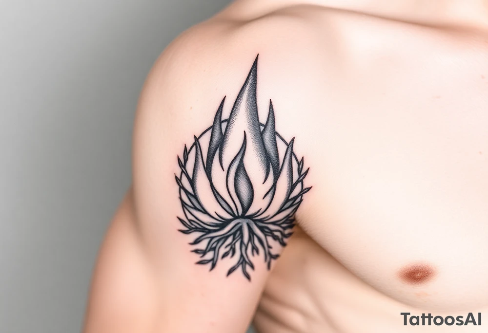 flame in a blooming roots circle tattoo idea