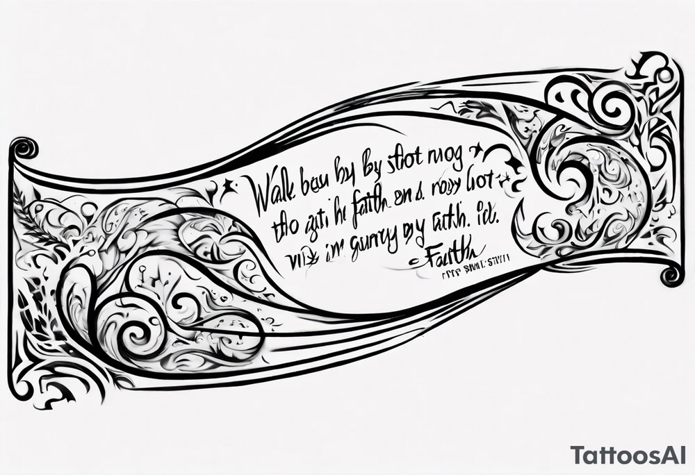 Horizontal inner bicep tattoo. “walk by faith, not by sight” stairwell wrapping around the quote. This design captures the essence of the journey guided by faith. tattoo idea