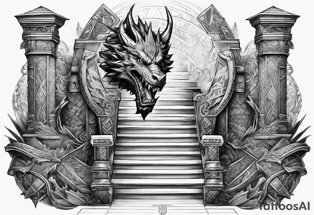 Valhalla sword shield dragon axe Valknut stairs tattoo idea