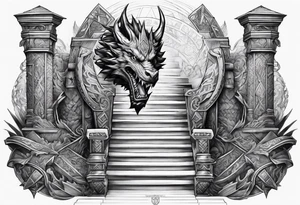 Valhalla sword shield dragon axe Valknut stairs tattoo idea