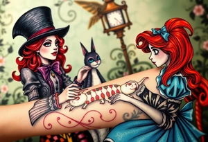 Powerful, Majestic raven haired female Mad Hatter and a radiant red haired Alice attending a magical Tea Party with the Cheshire Cat and Caterpillar carrying its Hooka tattoo idea