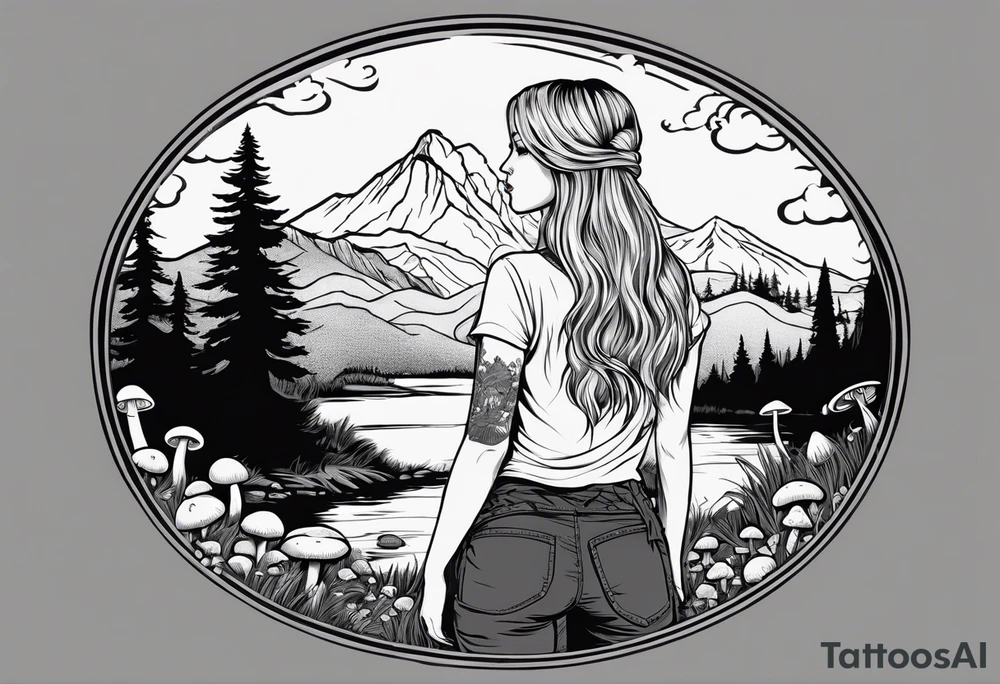 Whole picture encircled fully

Straight long blonde hair hippie girl in distance holding mushrooms in hand facing away toward mountains and creek surrounded by mushrooms long sleeve shirt and hiking pants; whole rendering within a full circle, no cut off circle tattoo idea