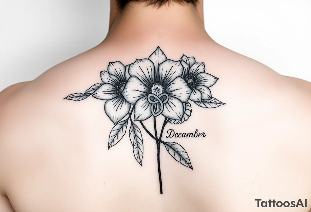 January and December Flower with infinity sign and two names tattoo idea