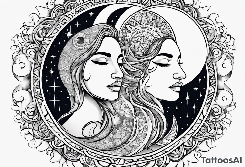 sun and the moon, the overlap
the sun has a woman's half 
face, and the moon, a man's face half making a single face tattoo idea