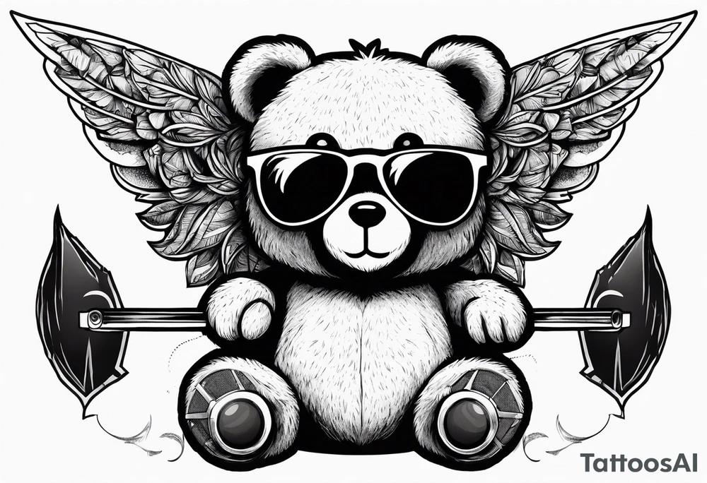 Teddy bear with wings wearing big sunglasses holding a tool tattoo idea