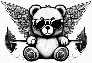 Teddy bear with wings wearing big sunglasses holding a tool tattoo idea