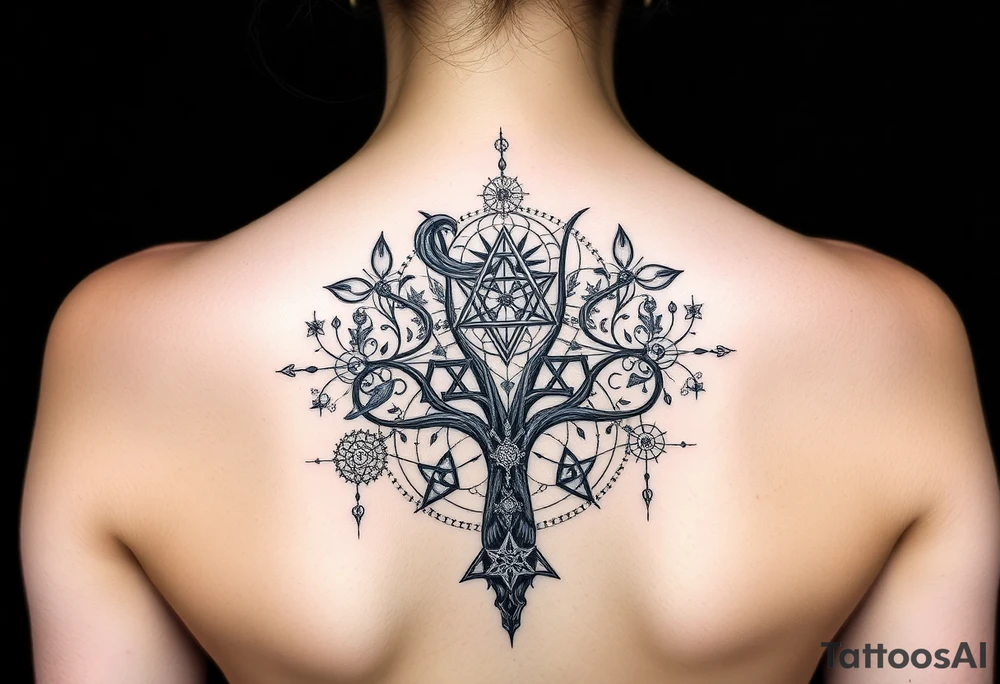 Sephiroth tree tattoo with sacred geometry and cosmic elements tattoo idea