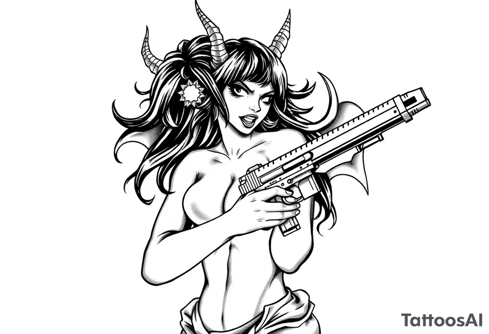angry succubus holding gun tattoo idea