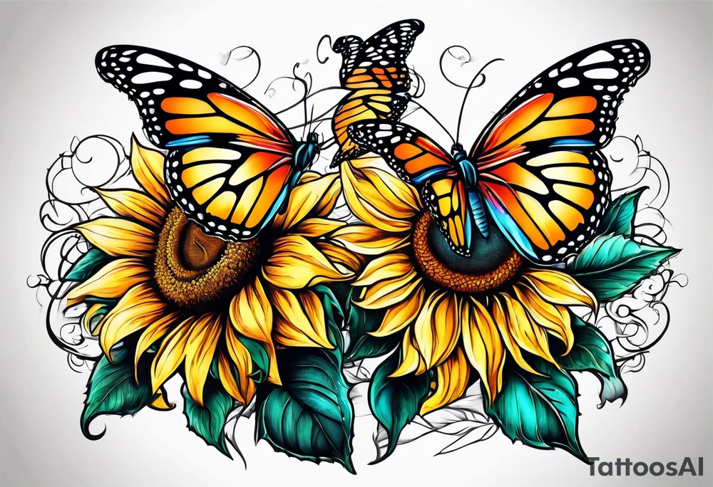 2 sunflowers on top of eachother with a butterfly underneath them tattoo idea